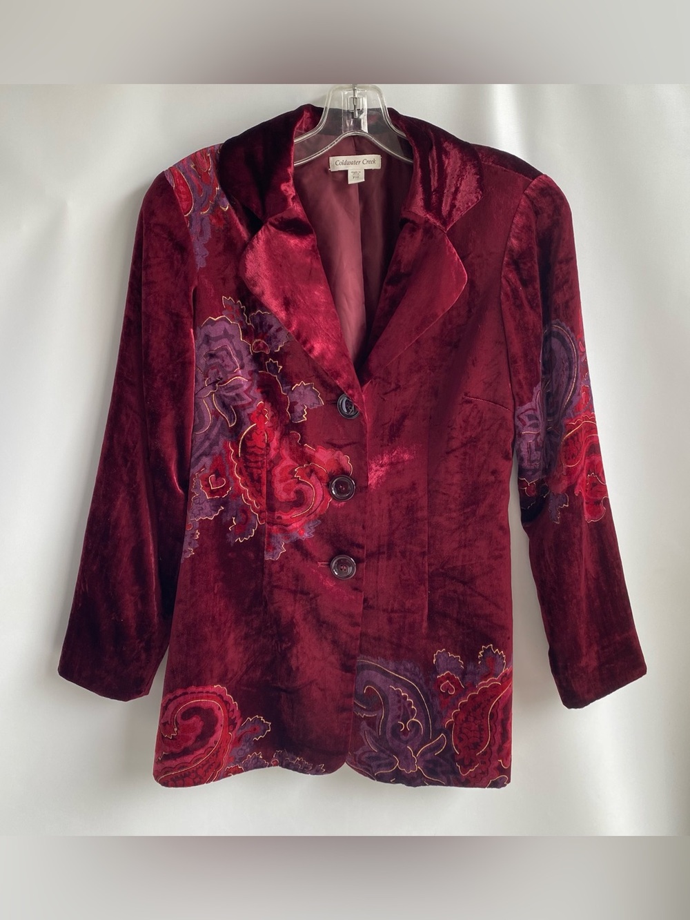 Coldwater creek burgundy velvet blazer grandmacore paisley floral print fall 10